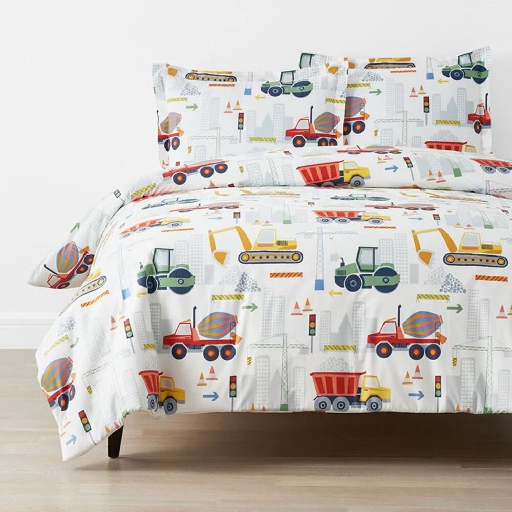 Construction Trucks Classic Cool Organic Cotton Percale Duvet Cover Set - Full